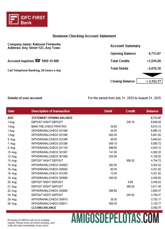 Exemplo de extrato de conta IDFC First Enterprise em formato Word e PDF